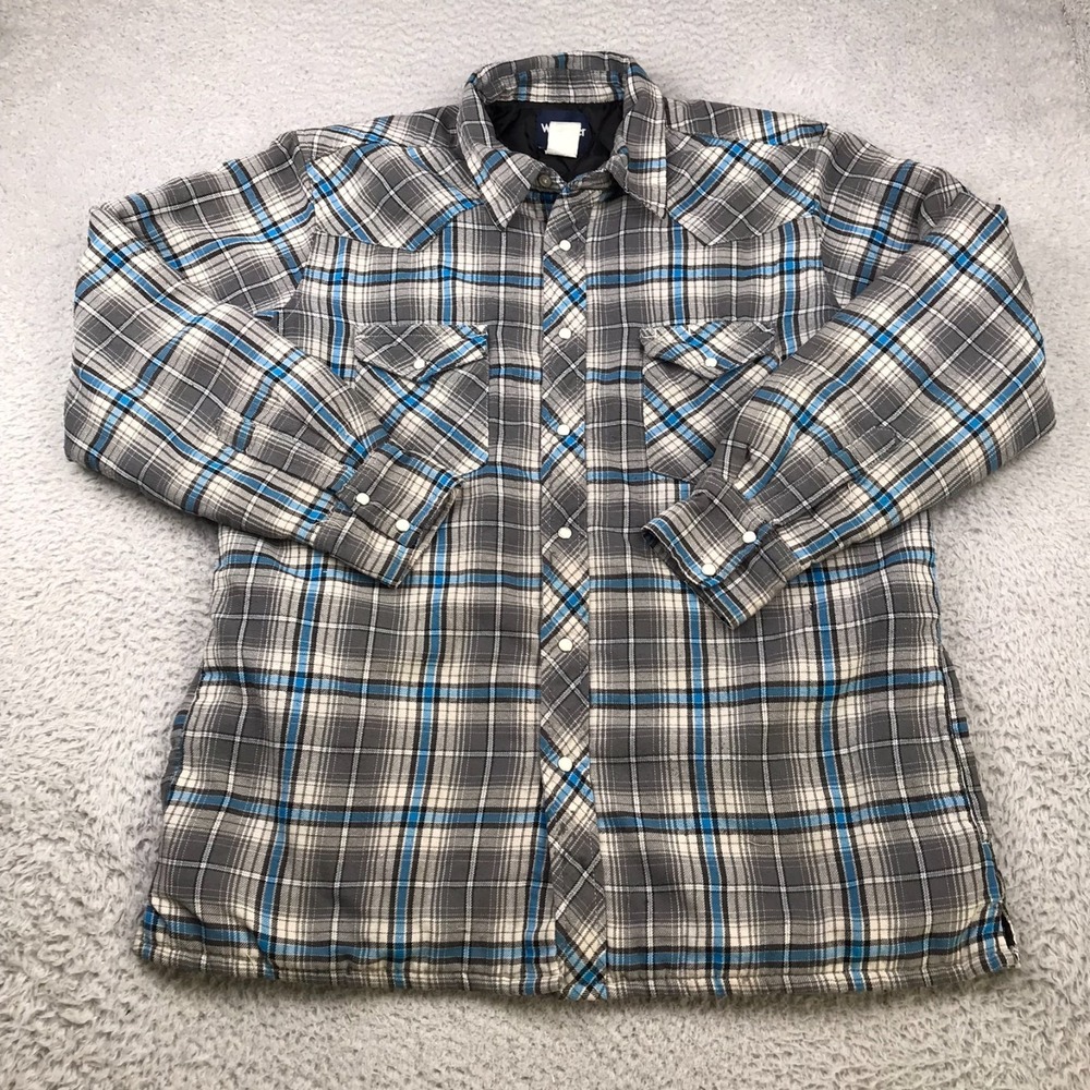 Vintage Wrangler Quilted Lined Flannel Shirt Jacket Mens L Gray Plaid‎ Snap Up